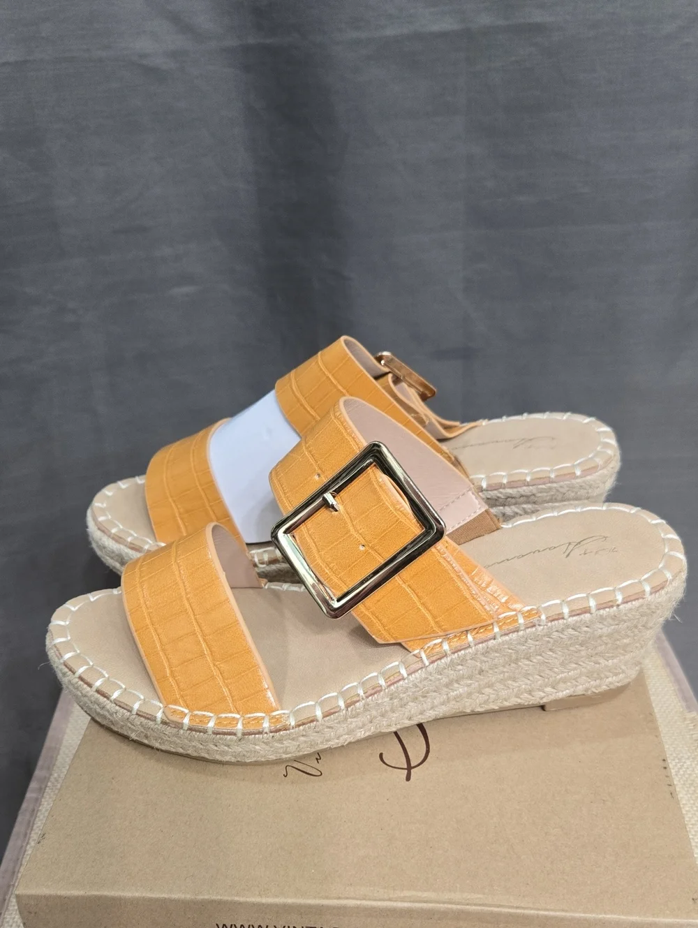Vintage Havana Yellow Croc-Embossed Espadrille Wedge Slide with Buckle